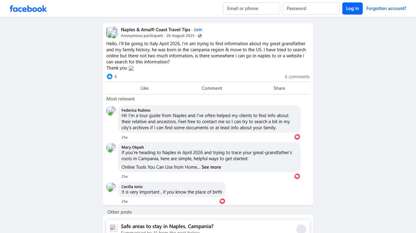 Naples & Amalfi Coast Travel Tips Hello, I’ll be going to Italy April 2026, I’m am trying to find information about my great grandfather and my family history, he was born in the c... Facebook